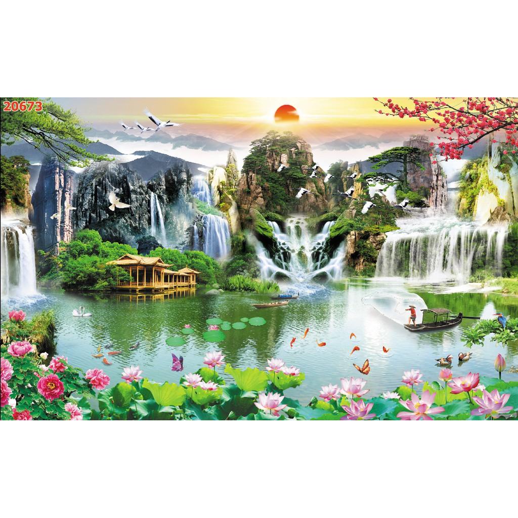 Tranh dán tường 3d sơn thủy hữu tình trang trí nhà cửa phòng khách giá rẻ đẹp chất liệu decal pp keo sẵn bóc dán atk32