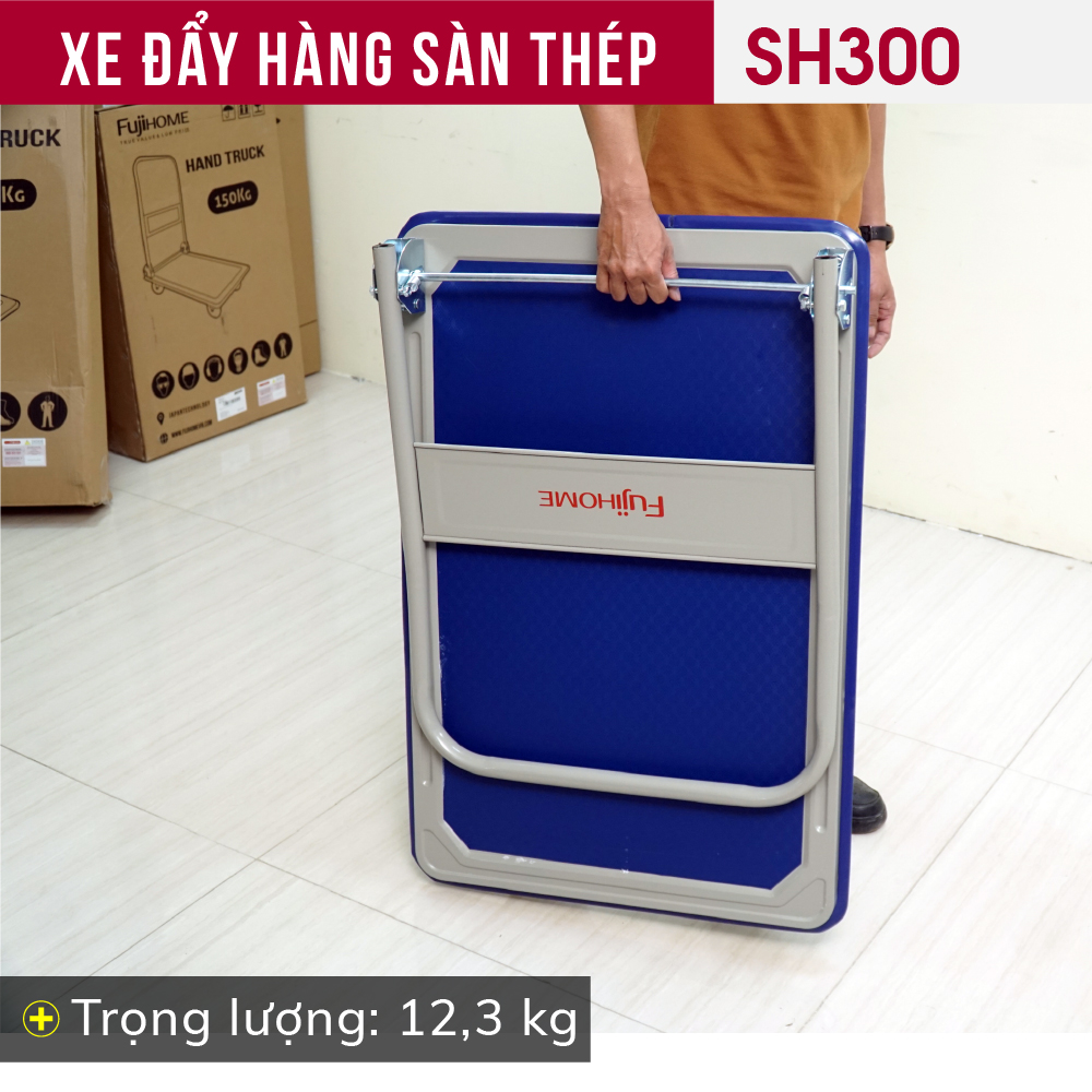 Xe đẩy hàng 4 bánh gấp gọn 250kg sàn thép nhập khẩu FUJIHOME SH300,, bánh xe chống ồn