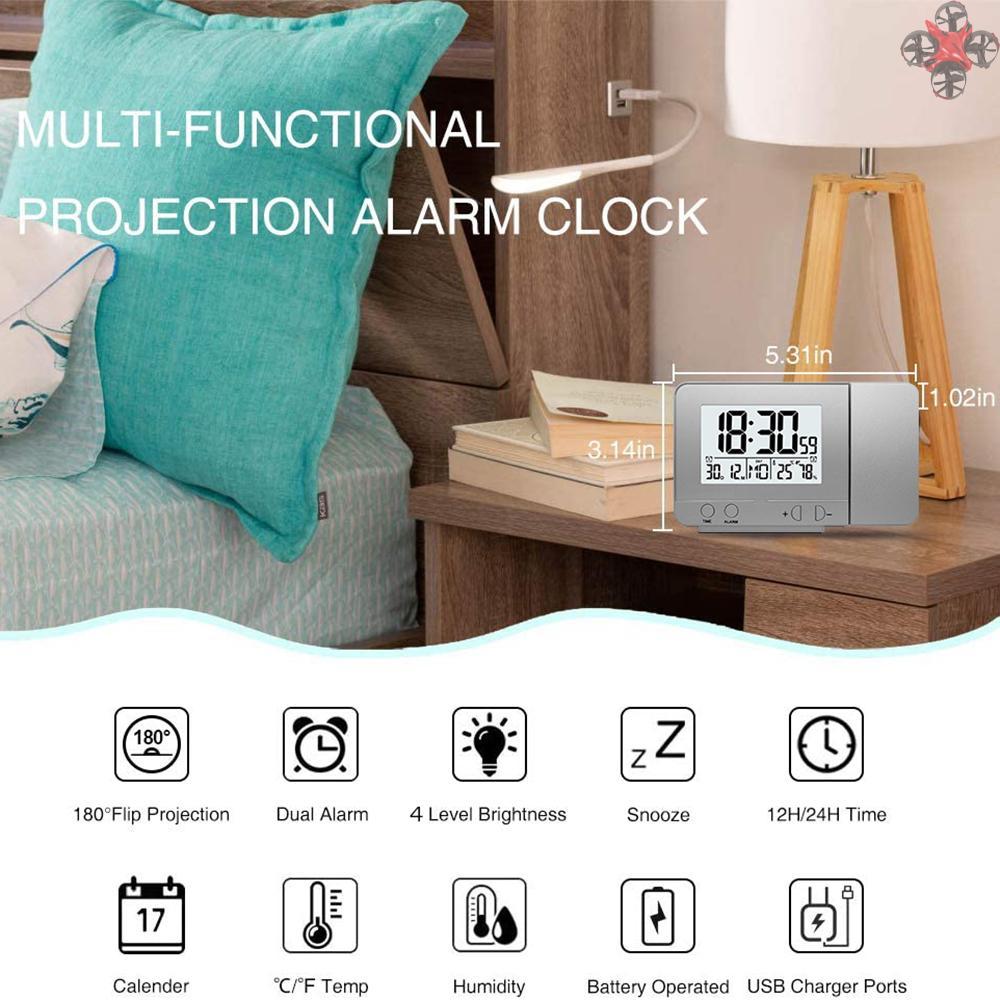Projection Alarm Clock for Bedroom with Thermometer Hygrometer Digital Project Ceiling Clock Dimmable LED Display with USB Charger 180°Rotable with Dual Alarms 12/24H Snooze