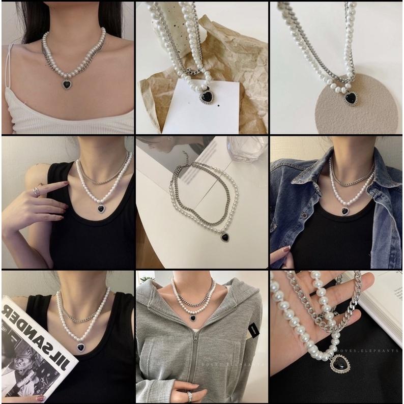 N191 Vòng cổ Bạc Nhiều Lớp Mặt Hình Trái Tim Đính Ngọc Thời Trang Cho