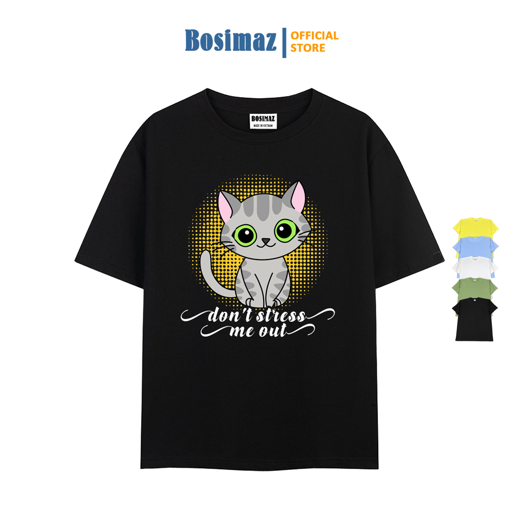 Áo thun Unisex Bosimaz TS016 cổ tròn tay lỡ phom rộng in hình mèo, thun contton 100%, vải đẹp dày, thoáng mát không xù lông.
