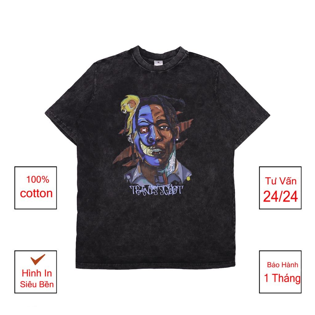 Áo thun loang đen TRAVISSCOTT tay lỡ nam nữ chất liệu cotton 100% cao cấp dáng unisex