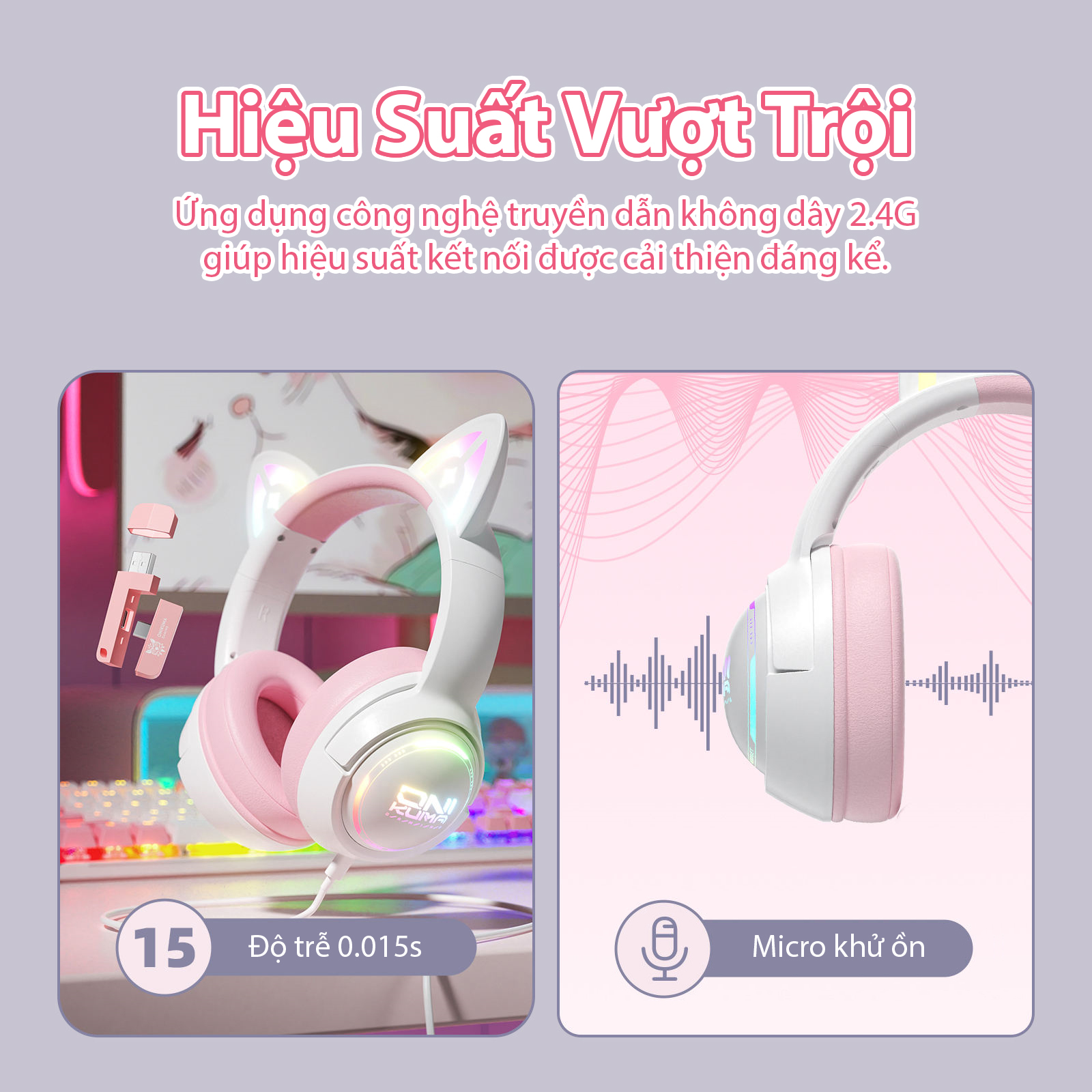 TAI NGHE ONIKUMA GT838 (2.4G+Bluetooth+Wired) Tri-Mode White Pink - Hàng Chính Hãng