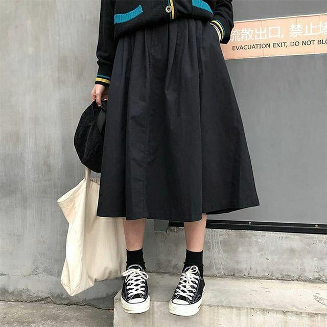 SKIRT - Váy dài vải Kaki lưng thun kèm khoá kéo