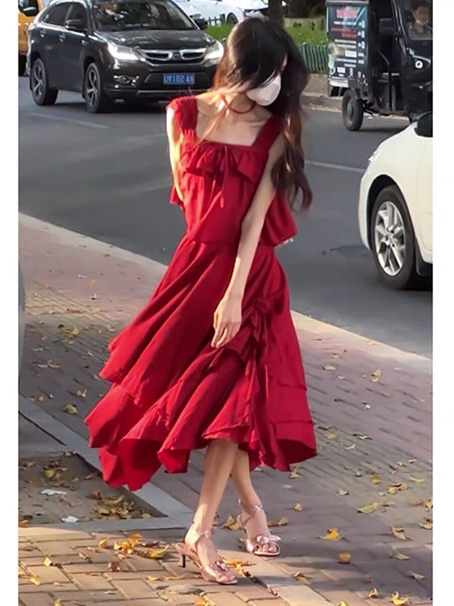 SHUANGYAN Màu đỏ phục cổ phong cách phương Tây mối tình đầu ngọt ngào xinh đẹp áo khoác da mùa hè váy cưới bờ biển chụp ảnh du lịch bãi biển váy