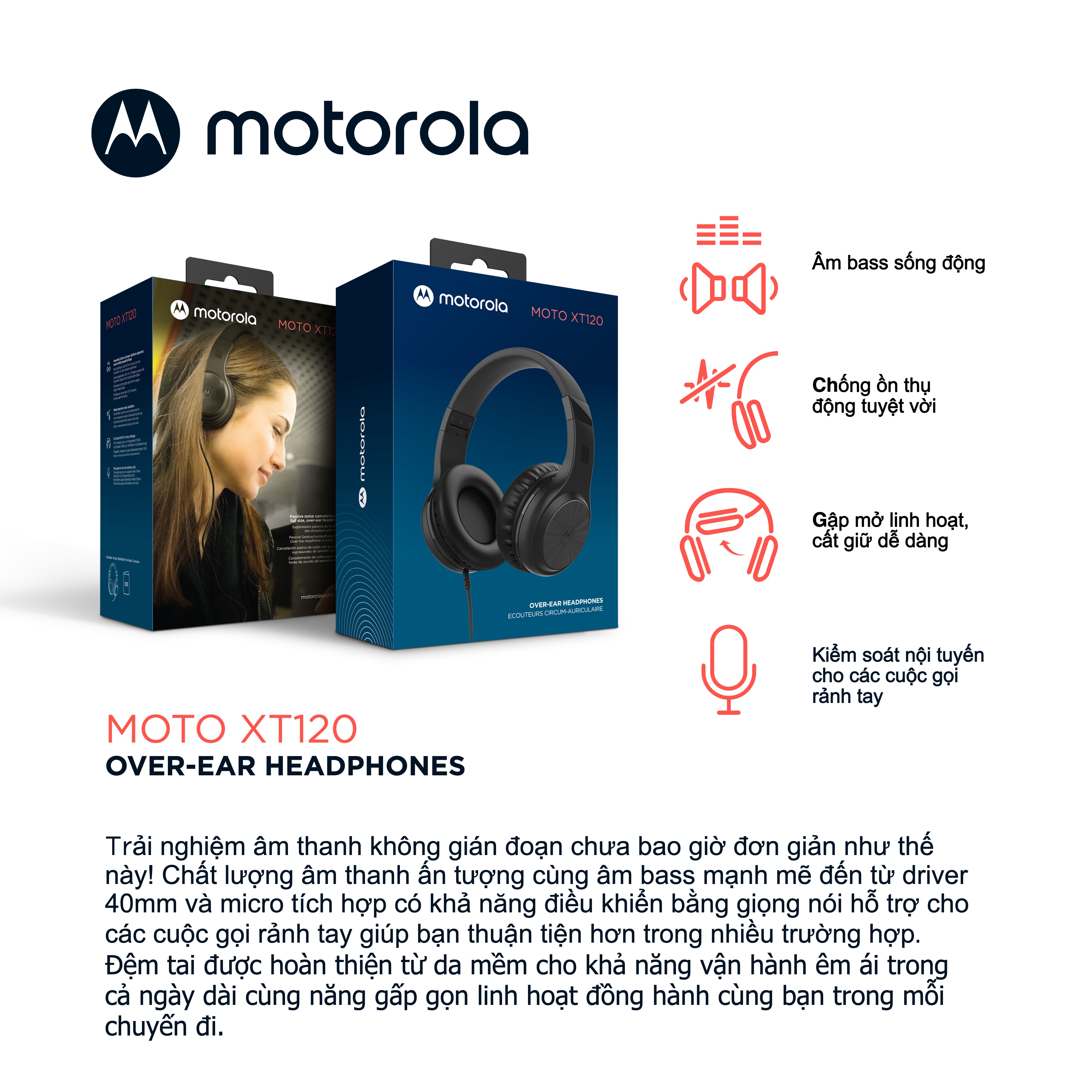 Tai nghe chụp tai Motorola Moto XT120 - Hàng chính hãng