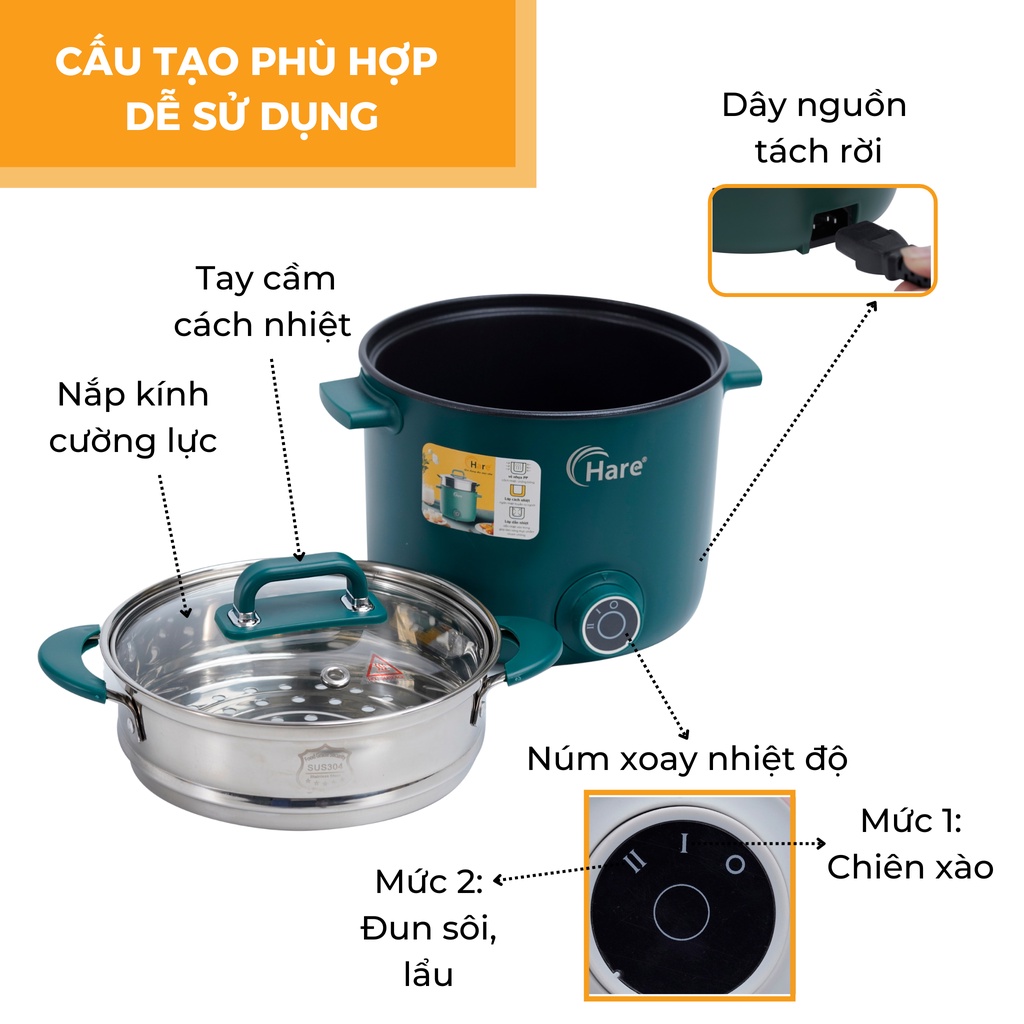 Nồi lẩu điện đa năng mini HR-MF1506 (1.5L) -hàng chính hãng thương hiệu Hare - bảo hành 12 tháng