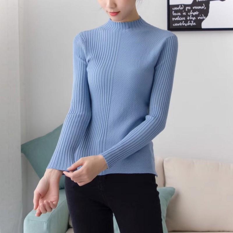 Áo sweater dệt kim dài tay cổ tròn màu trơn cho nữ