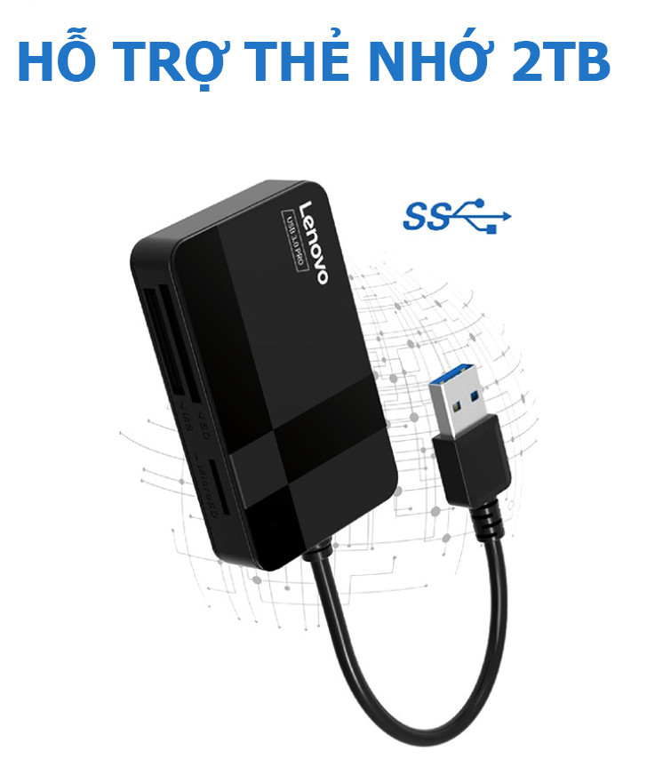 Đầu Đọc Thẻ Nhớ USB 3.0 Lenovo D303 Pro  Đọc 4 Thẻ Cùng 1 Lúc (TF, SD, CF, MS) - Hàng Nhập Khẩu