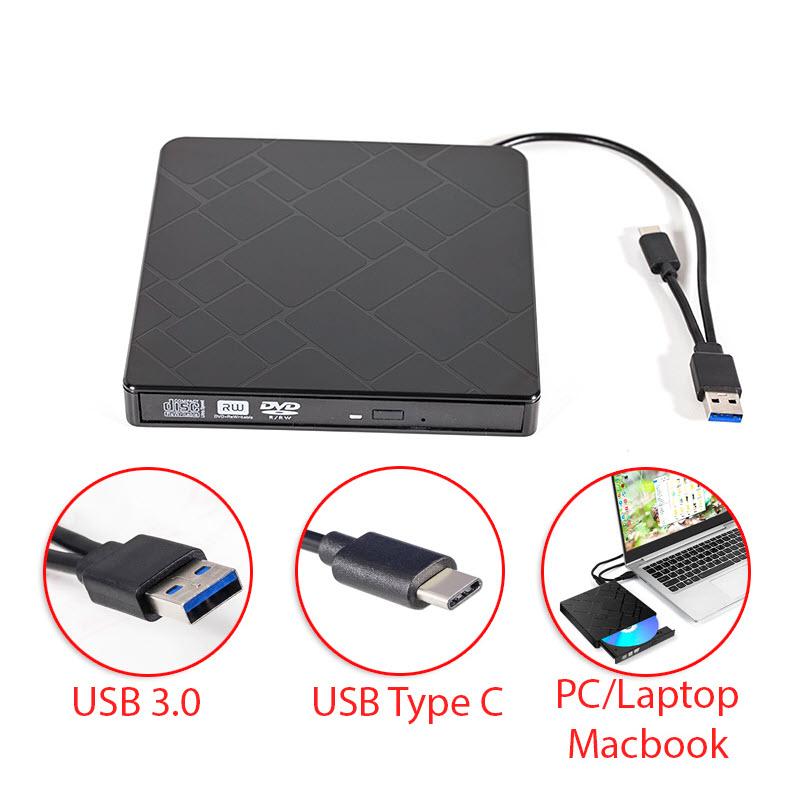 Ổ đĩa quang CD/DVD-RW cắm ngoài USB 3.0, Type-C cho Macbook, Laptop