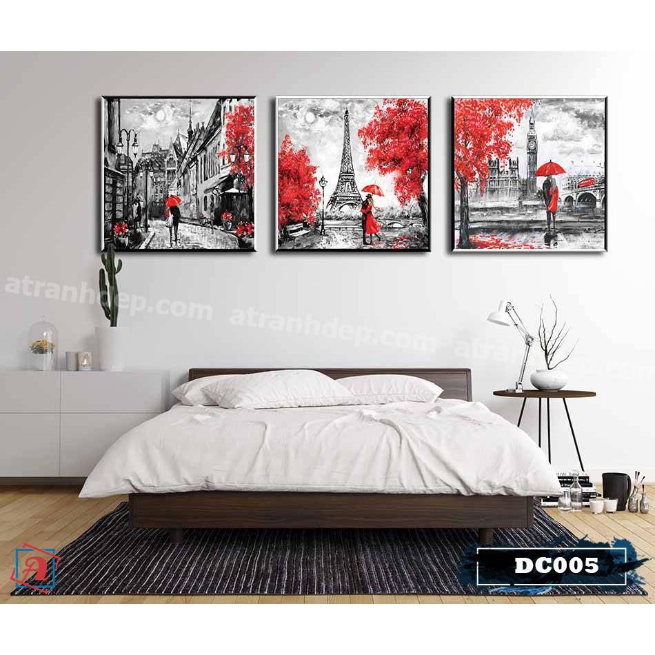 Bộ 3 tranh canvas treo tường sơn dầu decor Paris - DC005