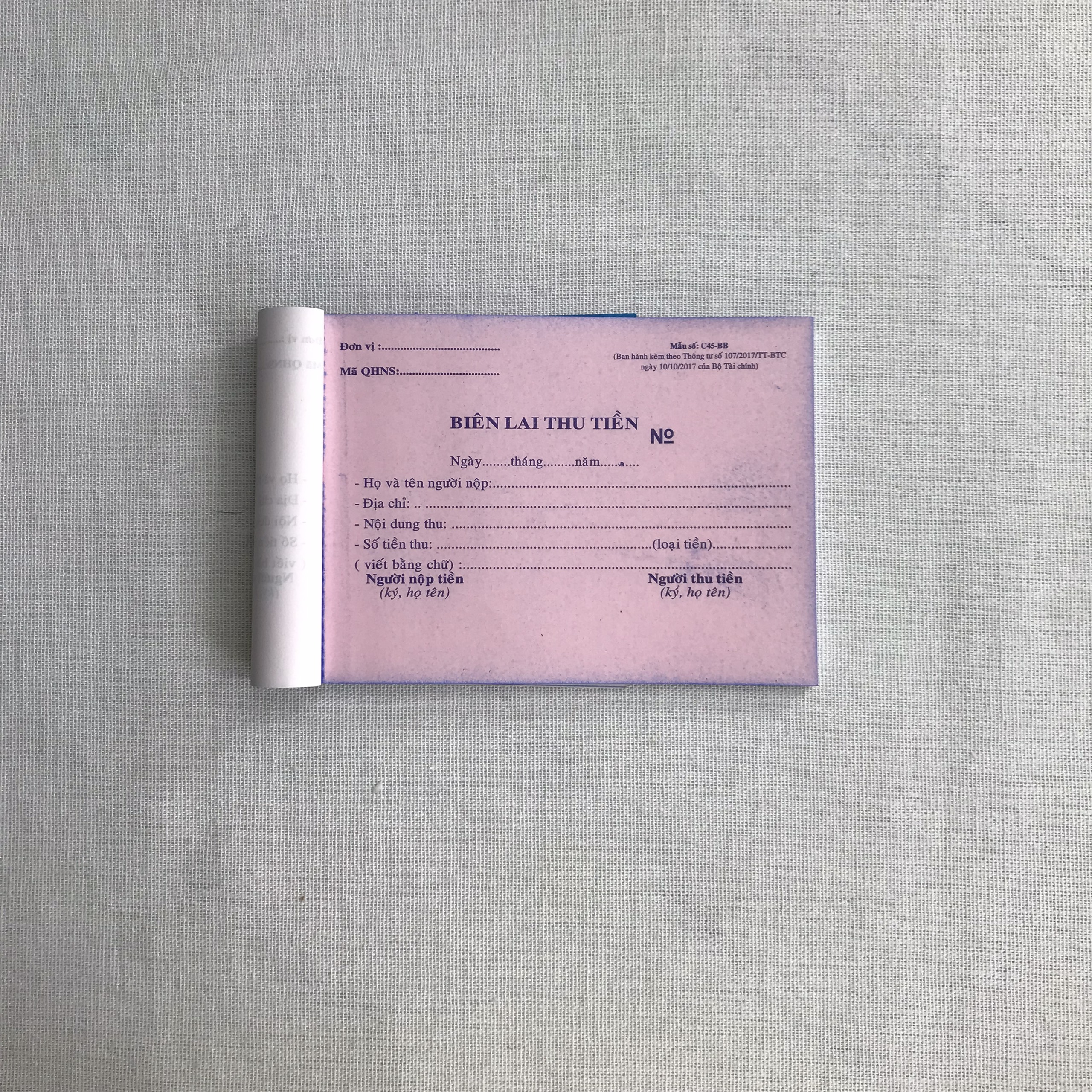 BIÊN LAI THU TIỀN 2 LIÊN 30 BỘ