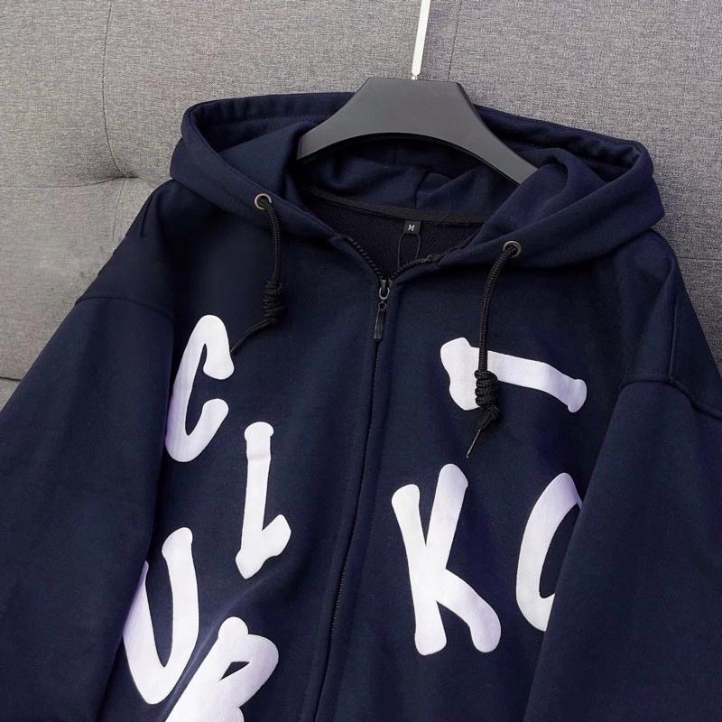 Áo khoác dây kéo nỉ lót bông chữ in nổi Club unisex
