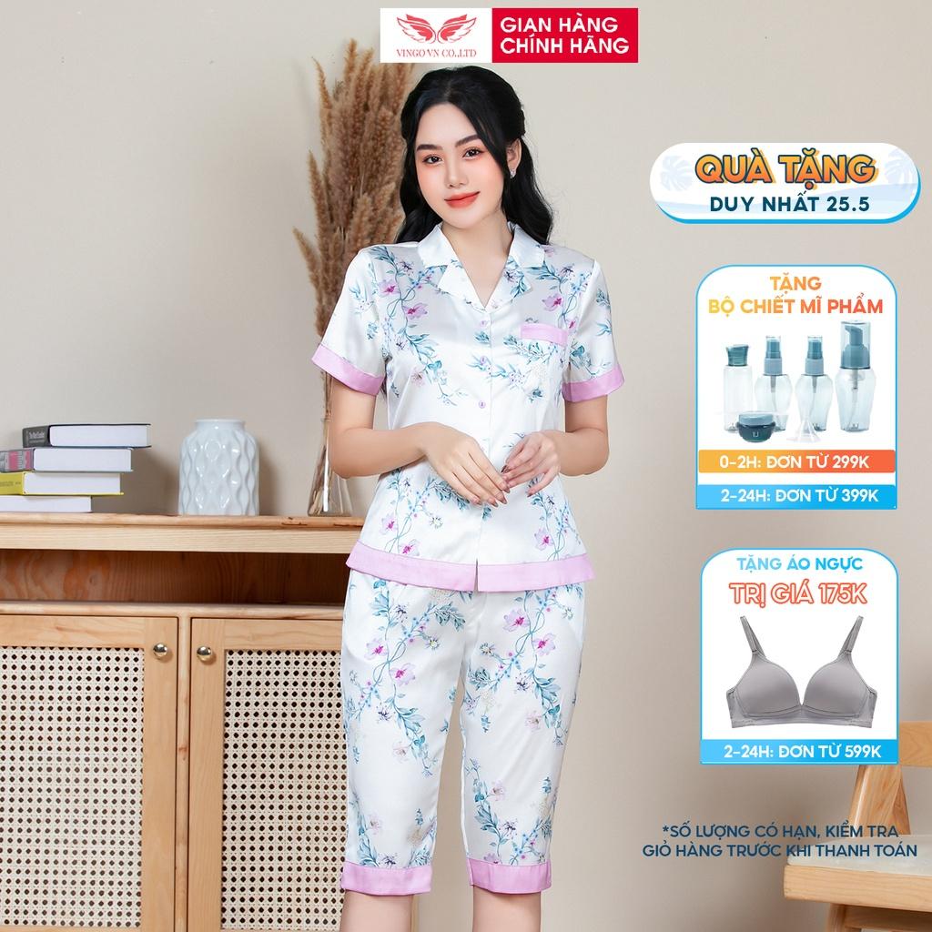 Đồ bộ nữ mặc nhà pijama quần lửng lụa Pháp mềm mát mùa Hè VINGO thiết kế hoa tím nền trắng nhã nhặn H754 VNGO