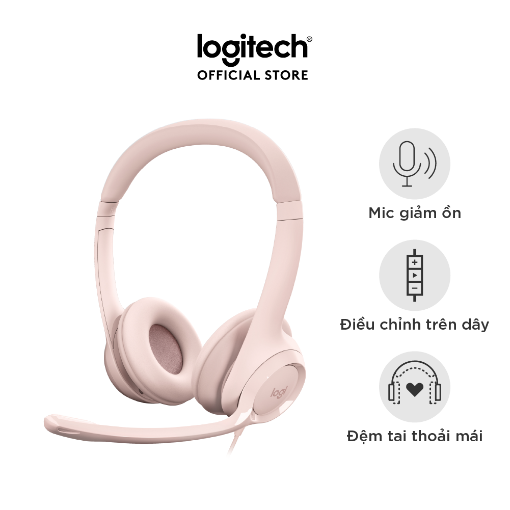 Tai Nghe Có Dây Logitech H390 Dành Cho Pc, Laptop, Âm Thanh Nổi Với Micrô Khử Tiếng Ồn, Usb - A, Các Nút Điều Khiển Trên Dây - Hàng Chính Hãng - Màu Hồng