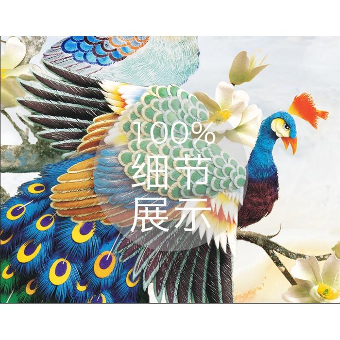 Tranh dán tường Hoa mẫu đơn và đôi chim công hạnh phúc, Tranh 3D dán tường hiện đại , MS 1119547