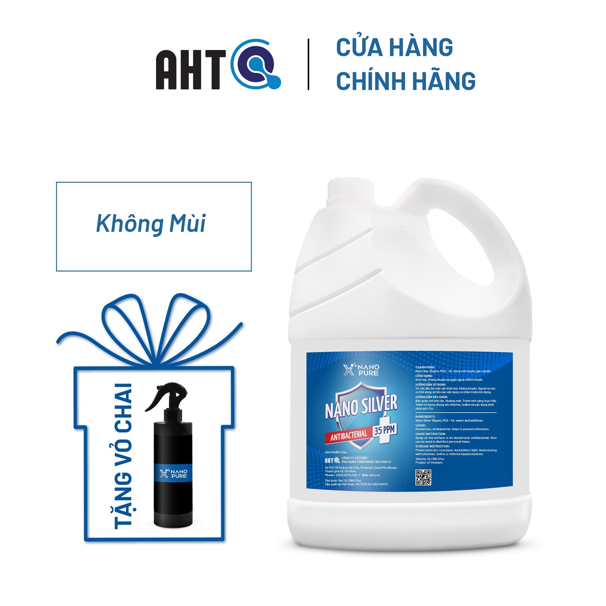 [TẶNG CHAI XỊT 500ML TIỆN DỤNG] Dung Dịch Nano Xpure Nano Silver Antibacterial 35ppm 5L (Không Mùi)-Diệt khuẩn, khử mùi–Nano Bạc AHT Corp (AHTC)