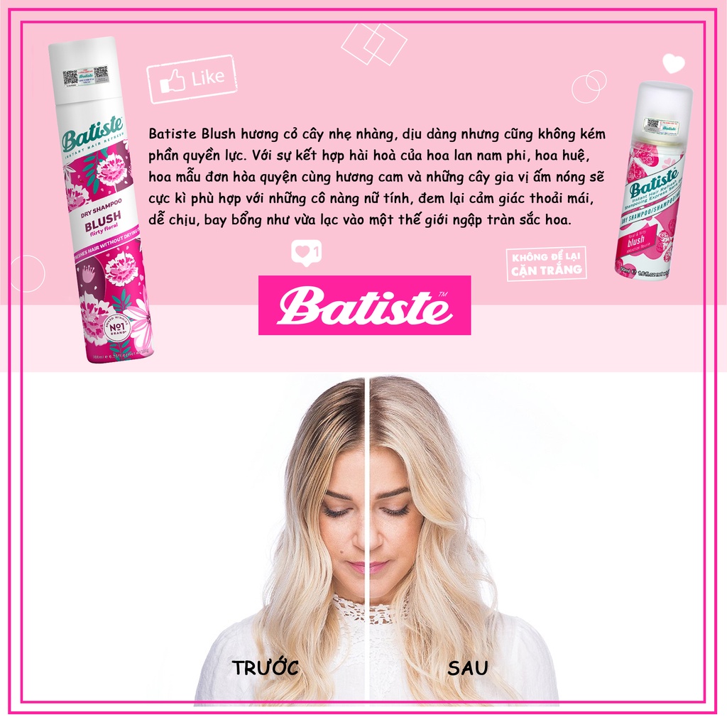 Dầu gội khô Batiste hương hoa quyến rũ- BATISTE DRY SHAMPOO FLORAL & FLIRTY BLUSH 200ML