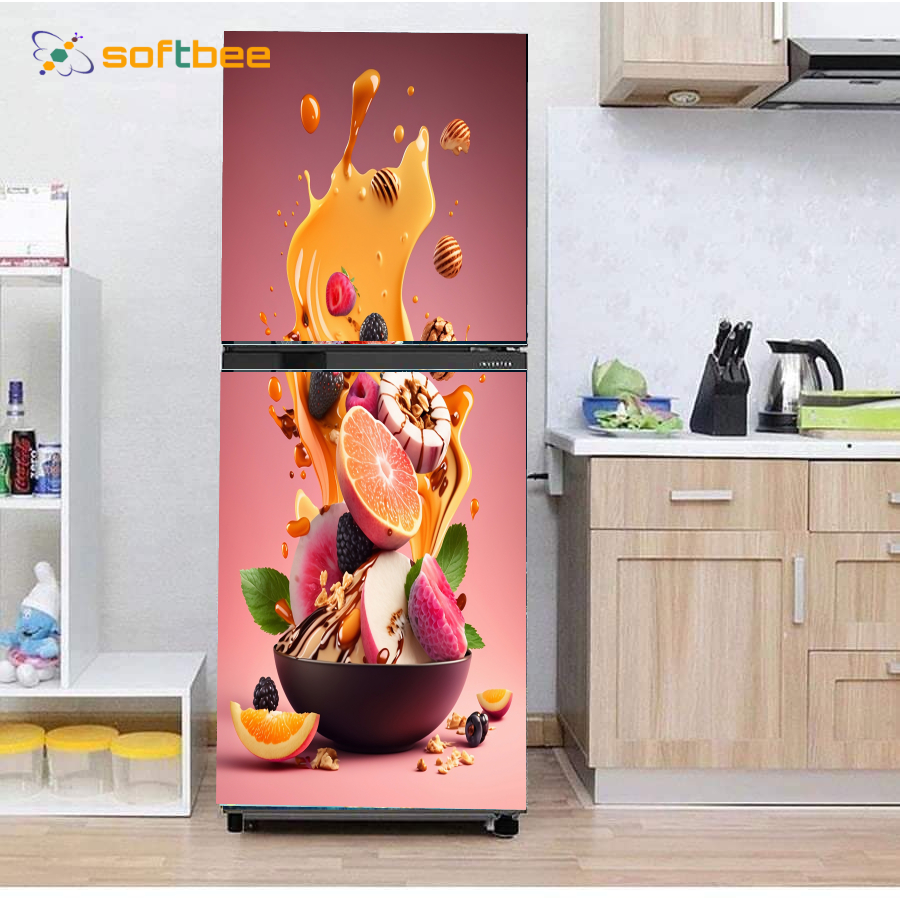 Decal dán tủ lạnh máy giặt in hình rau củ phông hồng, gồm 4 kích thước chọn lựa, keo bám dính tốt