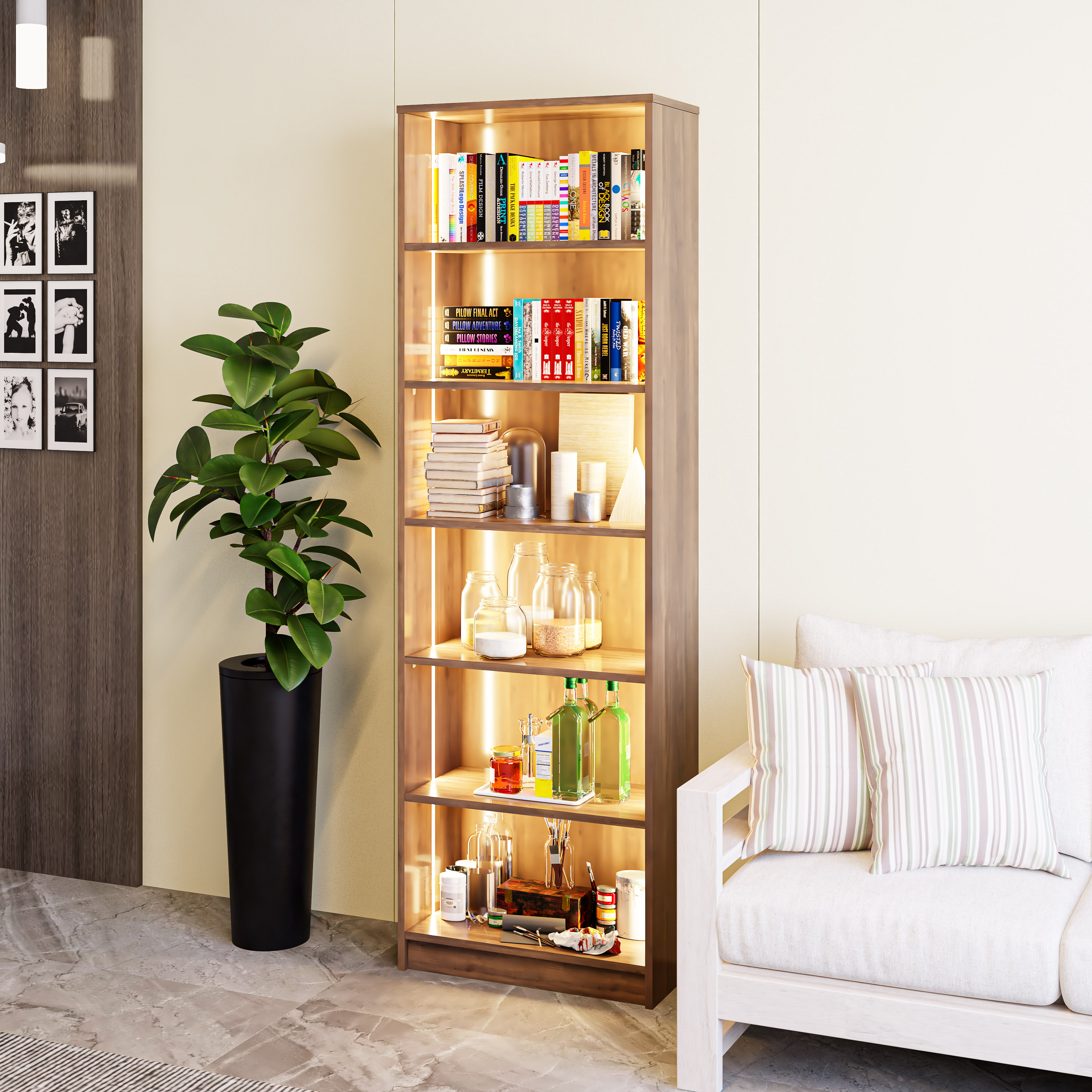 CATY, kệ sách 6 tầng tích hợp đèn LED, 60cm x 28cm x 189cm , KSA_002_LED