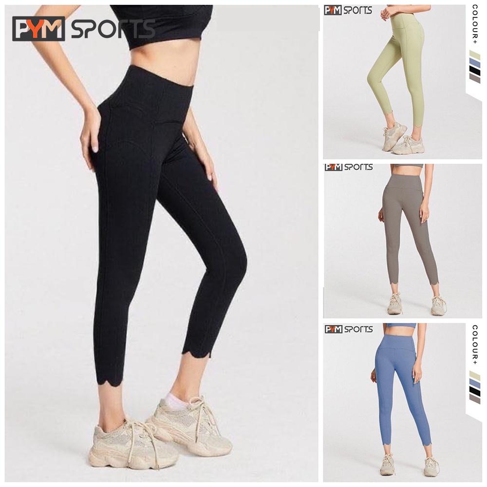 Quần legging ngố tập Yoga - Gym PYMSPORT - PYML024, nâng mông, viền cách điệu, 4 màu đen, xanh dương, xanh cốm, ghi