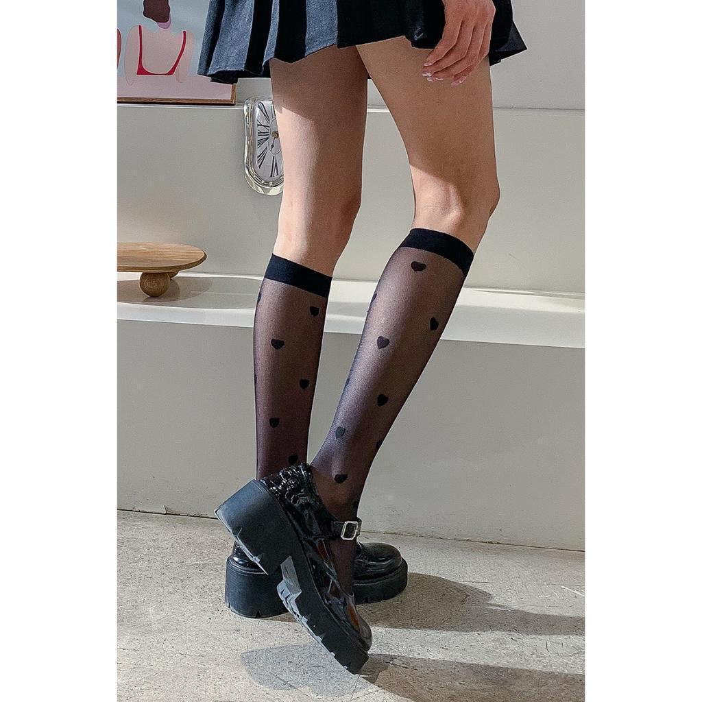 Tất, vớ mỏng tới bắp chân họ tiết trái tim, phong cách lolita, vô cùng dễ thương, sànhđiệu và cá tính Nữ  Đen
