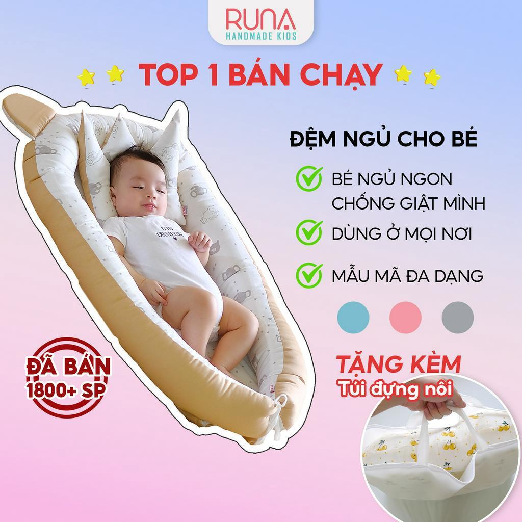 Đệm ngủ cho bé Nôi ngủ chung giường cho bé sơ sinh Runa Kids vải Cotton Hàn thoáng mát giúp bé ngủ ngon chống giật mình