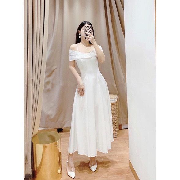 Đầm xòe trễ vai phối voan bi