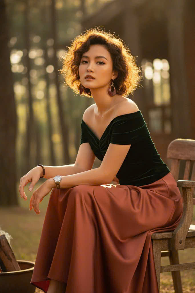 Áo Kiểu Nữ Cao Cấp Áo Trễ Vai Nhung Xanh Thời trang thiết kế Hity TOP115