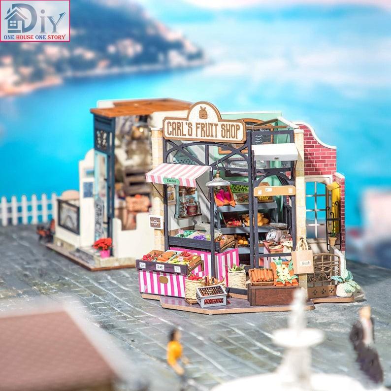 [Bản Quốc tế]Mô hình nhà búp bê lắp ráp bằng gỗ Dollhouse CARL'S FRUIT SHOP - mã DG142 (Kèm keo + nhíp)