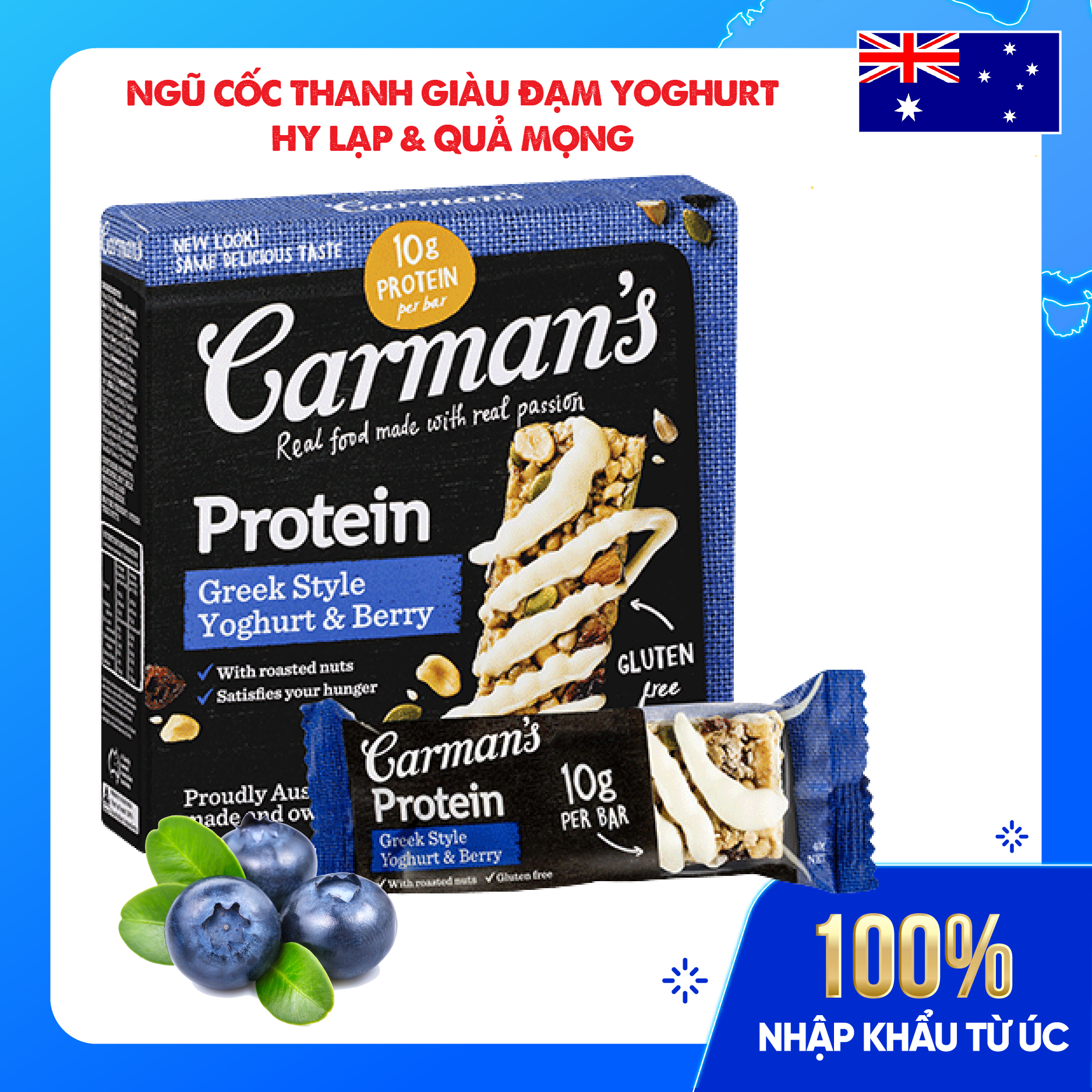 Thanh Giàu Đạm Carman's Protein Bar Greekstyle Yoghurt, Berry - Sữa Chua Hy Lạp, Quả Mọng - 200g