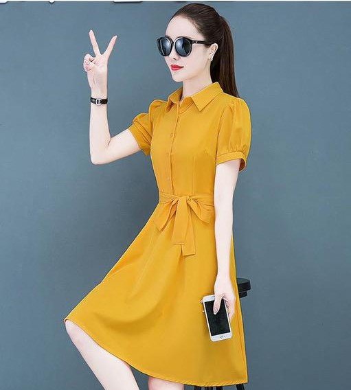 Đầm suông cổ sơ mi phối cúc, đầm trơn thắt eo tôn dáng, thời trang công sở, đi tiệc AH34