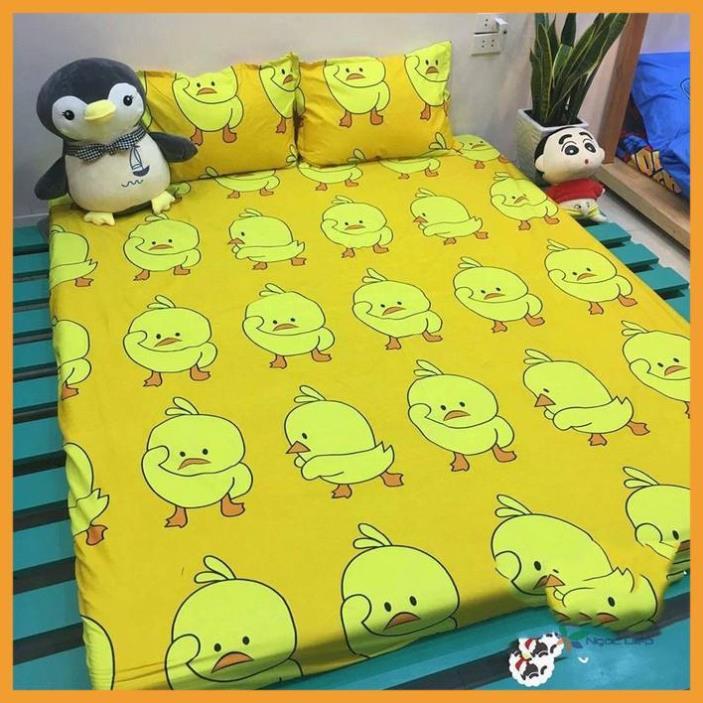 Ga chun bọc đệm kèm 2 vỏ gối poly cotton mẫu gà vàng, drap thun bọc nệm