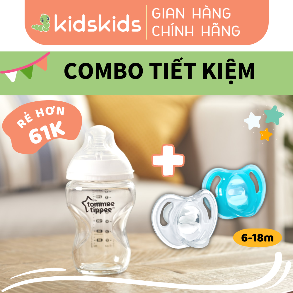 COMBO Ty ngậm silicon siêu nhẹ cho bé Tommee Tippee Ultra Light 6-18 tháng &amp; Bình sữa thuỷ tinh Tommee Tippee 250ml