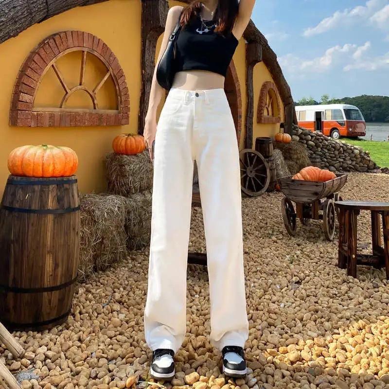 Quần Jeans Kaki Nữ Màu Trắng Cạp Cao Ống Suông Basic Phong Cách Ulzzang Xu Hướng Hot Trend Loại 1 Mặc Hàng Ngày Đi Học