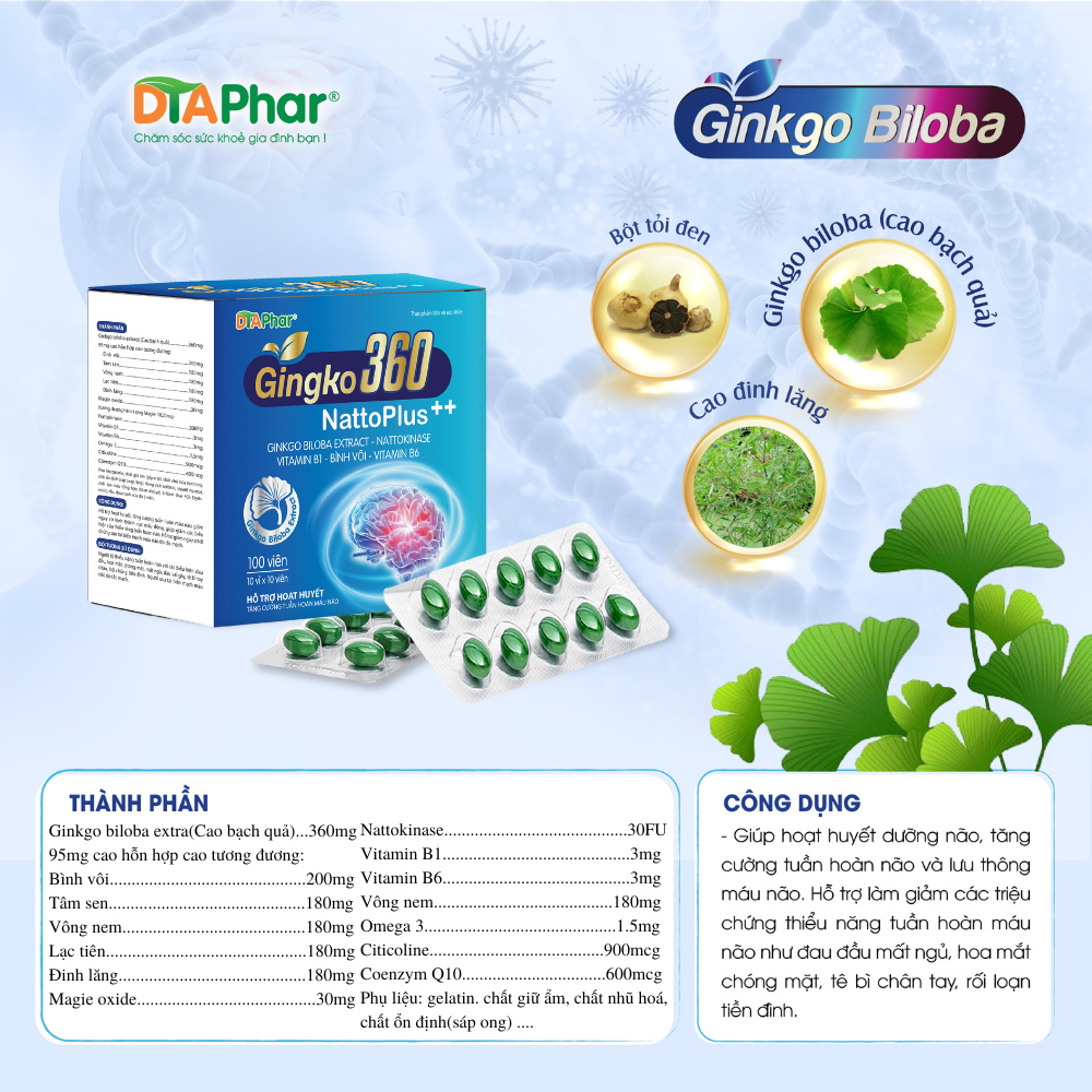 Viên uống hoạt huyết dưỡng não Ginkgo Biloba 360 Hỗ trợ giảm đau đầu hoa mắt chóng mặt tê bì chân tay rối loạn tiền đình Hộp 100 viên Tâm An Pharma