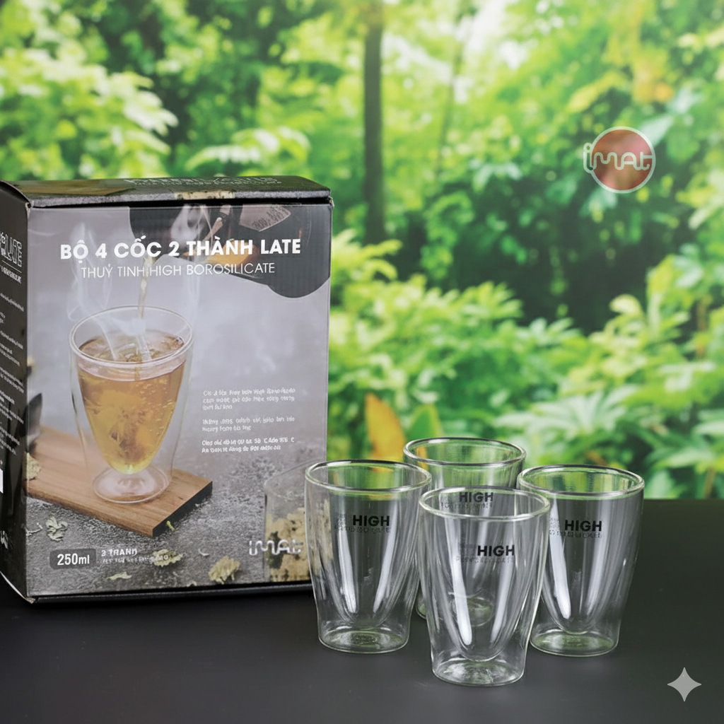 Bộ 4 Cốc LATE 2 Thành Thủy Tinh High Borosilicate Hai Lớp Cách Nhiệt, Chịu Nhiệt Cao, An Toàn Dùng