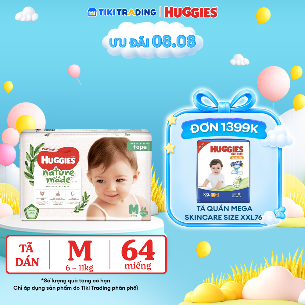 Tã Dán Siêu Cao Cấp Huggies Platinum Naturemade M64 64 Miếng