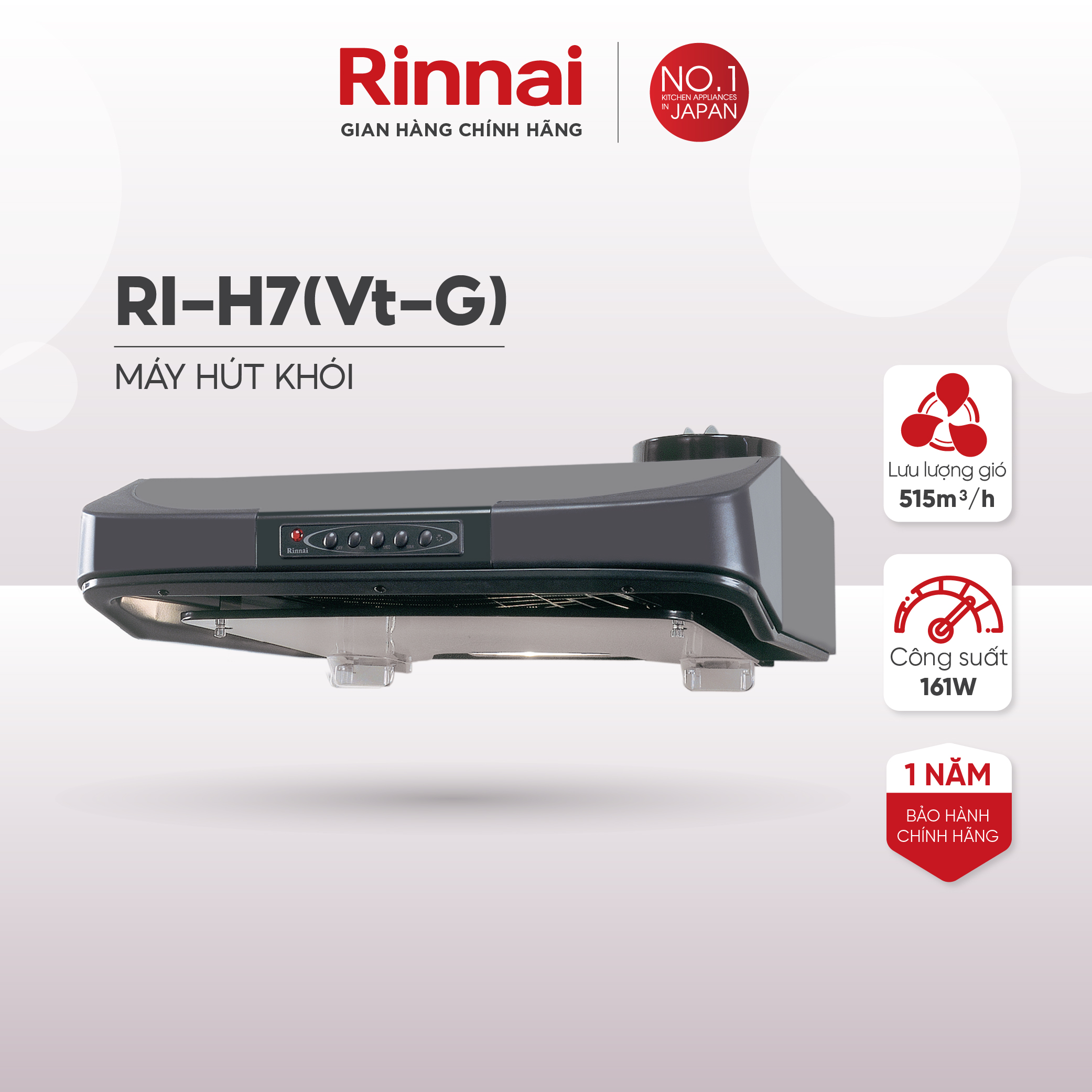 Máy hút mùi 70cm Rinnai RI-H7(Vt-G) ống thoát 161W - Hàng chính hãng.