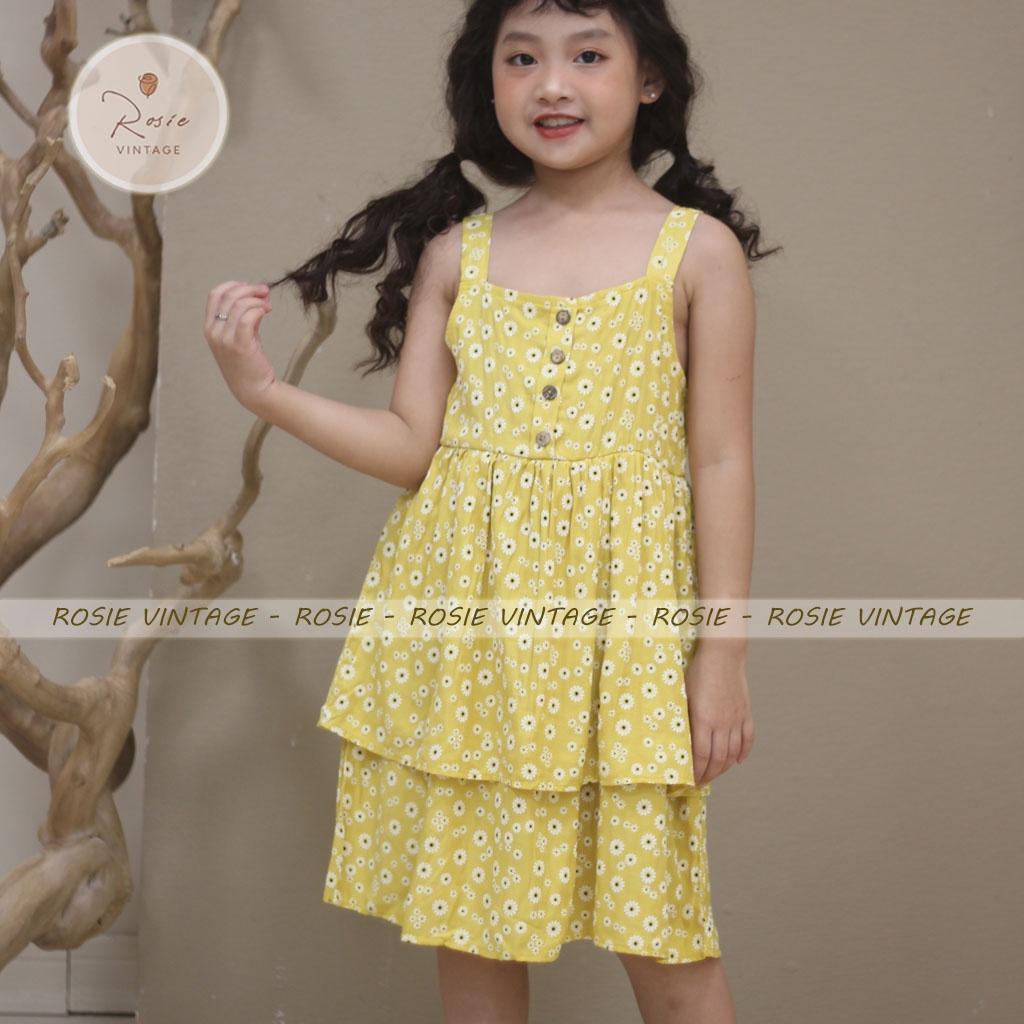 Váy 2 dây 2 tầng in hoa ROSIE V27, chất đũi lanh, vải mềm mát cho bé gái từ 9 - 36kg