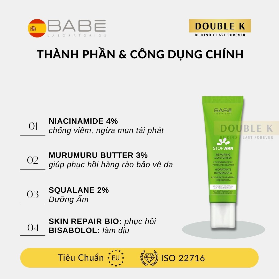 Kem Dưỡng Phục Hồi Da BABE Stop AKN Repairing Moisturiser - Double K