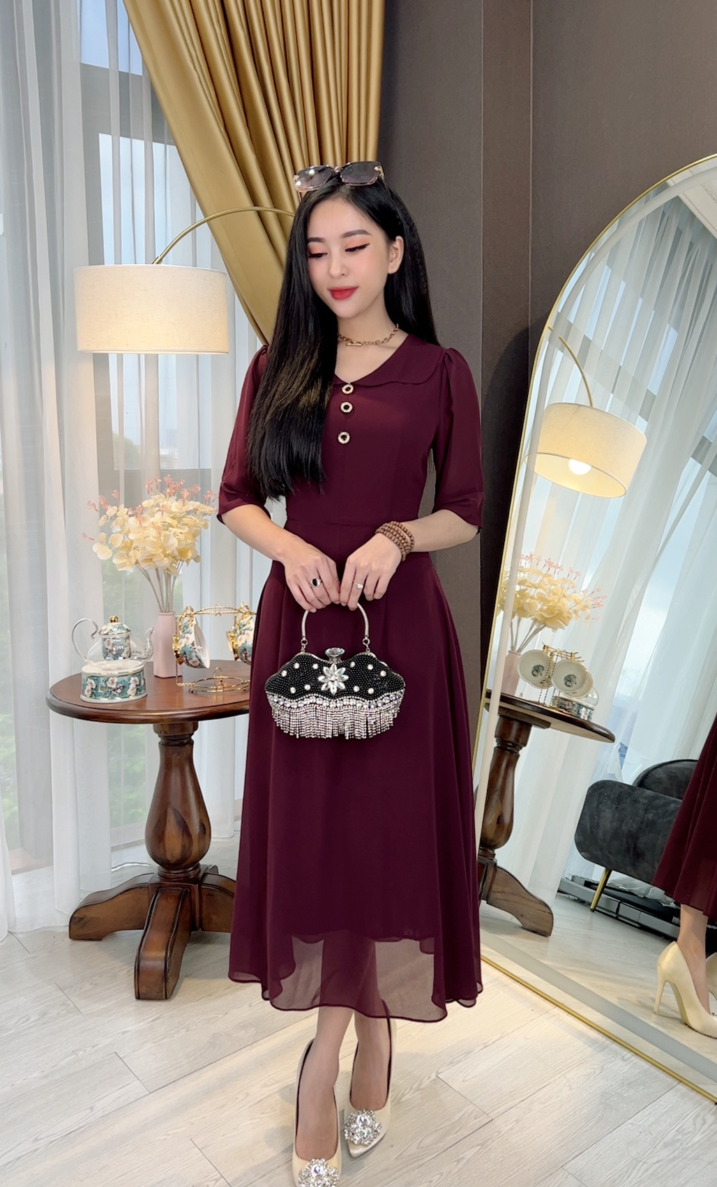 Đầm Đi Tiệc Trung Niên [ Linh Trà ] (TM 572) Cao Cấp Màu Sắc Trẻ Trung Tươi Sáng Họa Tiết Sang Trọng Đi Làm Đi Tiệc
