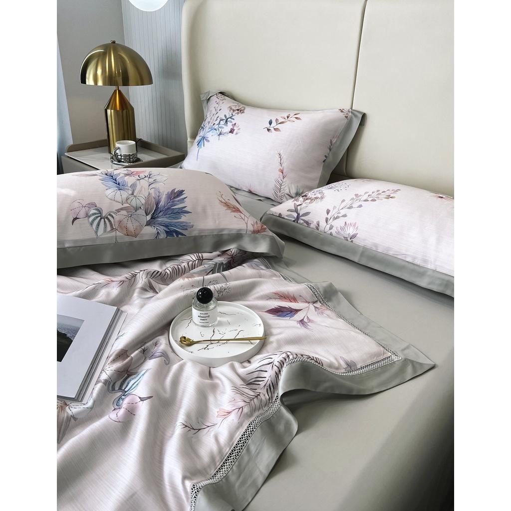 Bộ chăn ga gối cao cấp 100%Tencel 100s Digital Print, Set 4 món chăn chần hè phối ren siêu mềm mát mịn