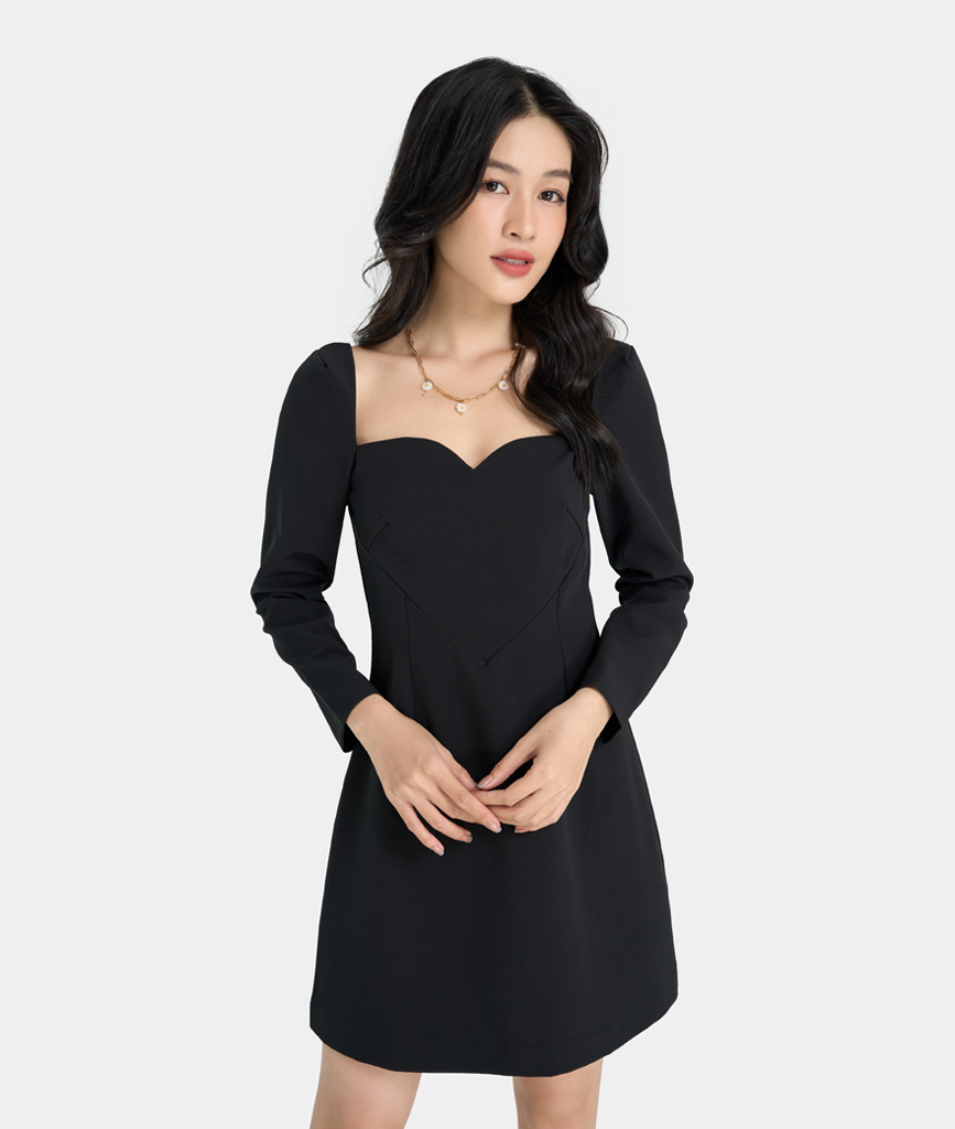Đầm Ngắn Nữ Thời Trang HNOSS Tay Dài Cúp Trái Tim HNDLU051 - đen - M