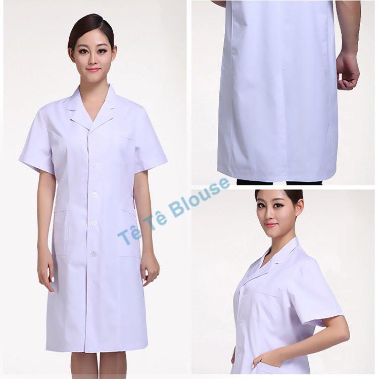 Áo Blouse (Blu) NỮ CỘC TAY, dáng dài ngang gối vải Thô Cotton và Lon Nhật cao cấp dành cho Bác sĩ, PTN
