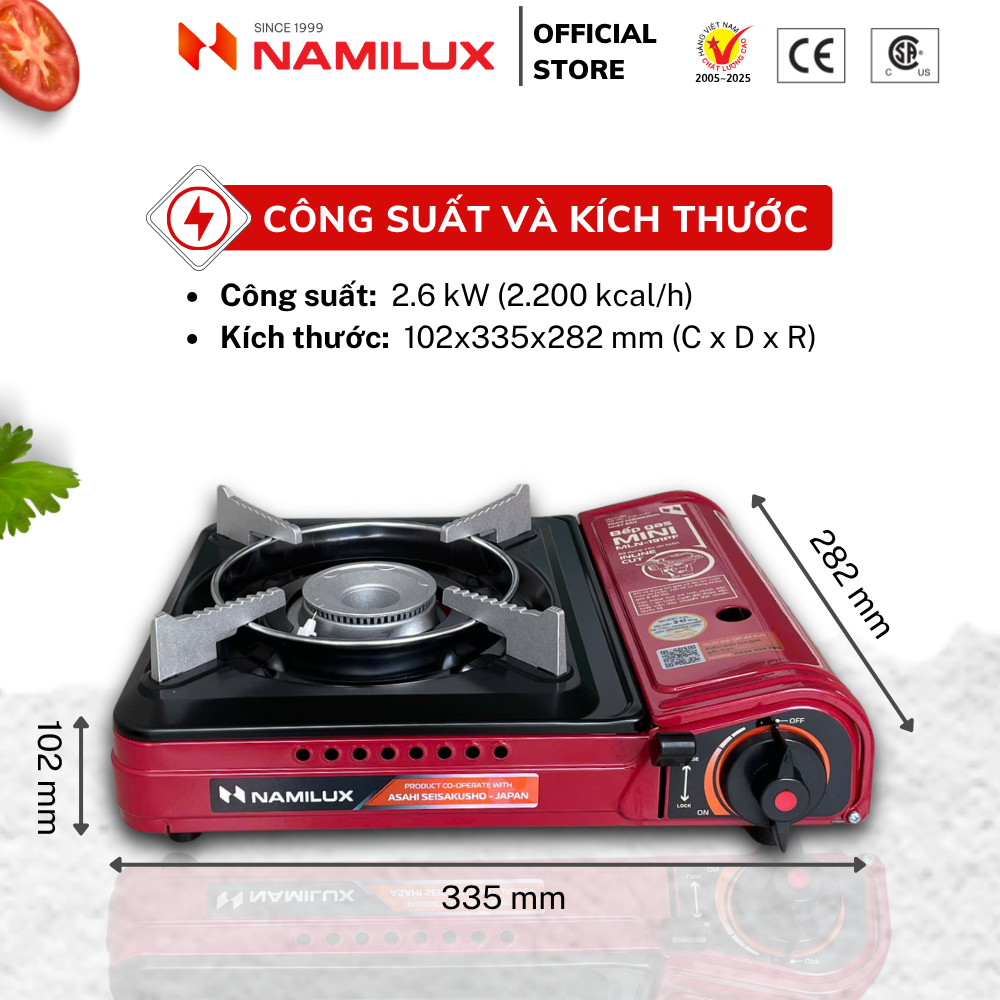 Bếp Gas Mini/ Du Lịch NaMilux MLN-191PF - Màu Đỏ│Van Ngắt Gas An Toàn Inline-Cut│Công Suất 2.6 Kw - Hàng Chính Hãng