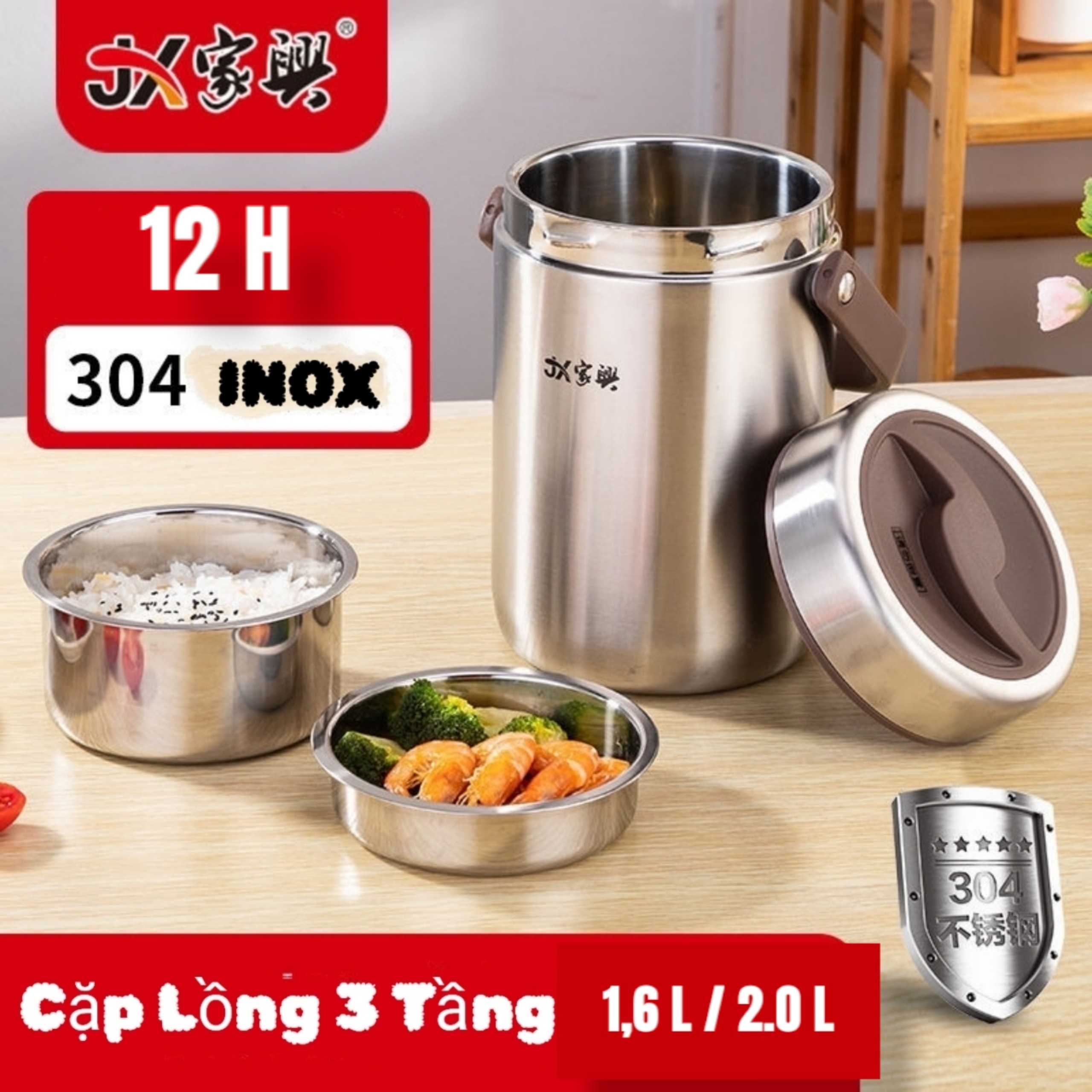 Cặp lồng cơm, hộp cơm giữ nhiệt văn phòng chất liệu inox JX 304 cao cấp, cặp lồng cà men 3 tầng, nắp chống tràn, 5 lớp giữ nhiệt tốt