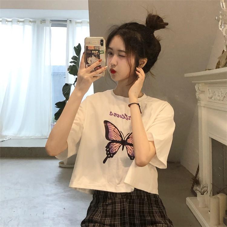 Áo thun croptop nữ form rộng tay ngắn ulzzang in hình Bướm trẻ trung phong cách Hàn Quốc C15 - Maoshop