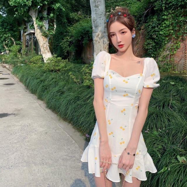 Đầm váy cherry vàng cúp ngực