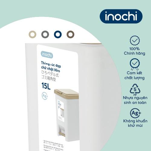 Thùng rác đạp chữ nhật Inochi- Hiro 15L Thân màu Trắng kem+ Nắp Ghi/Xanh/Nâu/Be